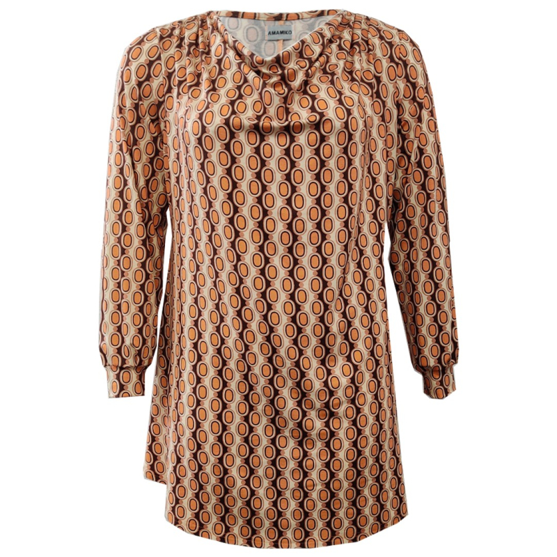 Plus size bluse - Natsu Retro Pearls Cognac - Amamiko