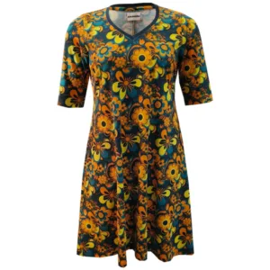 Plus size kjole - Tulla Retro Flower Teal - Amamiko