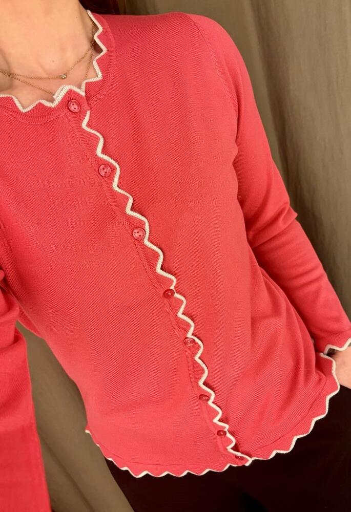 Cardigan Strik - Waves - Coralrød - Micha billede