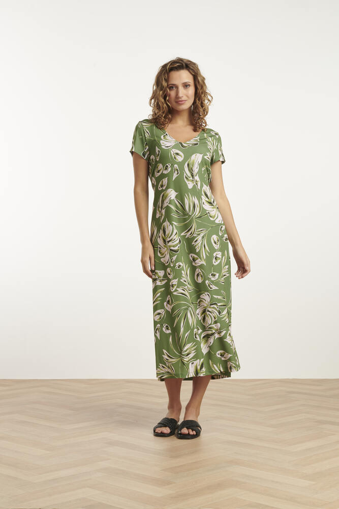 Midi Kjole - Leaf Print - Army/Light Green - Smashed Lemon billede
